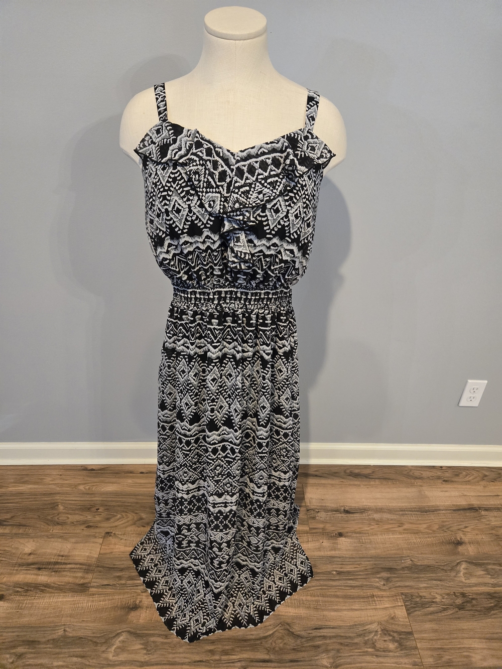 Black & White Geometric Smocked Maxi Dress